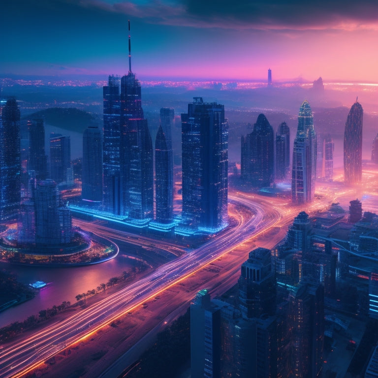A futuristic, high-tech cityscape at dusk with sleek skyscrapers and neon lights, featuring a large, glowing, interconnected network of gears, circuits, and robots in the foreground.