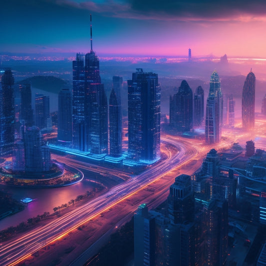 A futuristic, high-tech cityscape at dusk with sleek skyscrapers and neon lights, featuring a large, glowing, interconnected network of gears, circuits, and robots in the foreground.