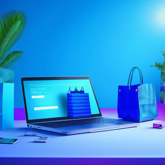 A stylized illustration of a laptop with a glowing e-commerce website on the screen, surrounded by virtual shopping bags, digital products, and rising graphs, set against a bright, gradient blue background.