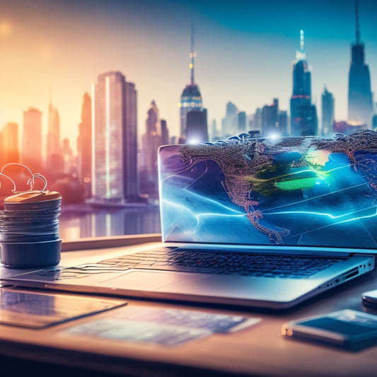 A futuristic illustration of a laptop and smartphone surrounded by swirling digital currencies, credit cards, and shopping bags, with a cityscape or global map in the background, conveying connectivity and growth.