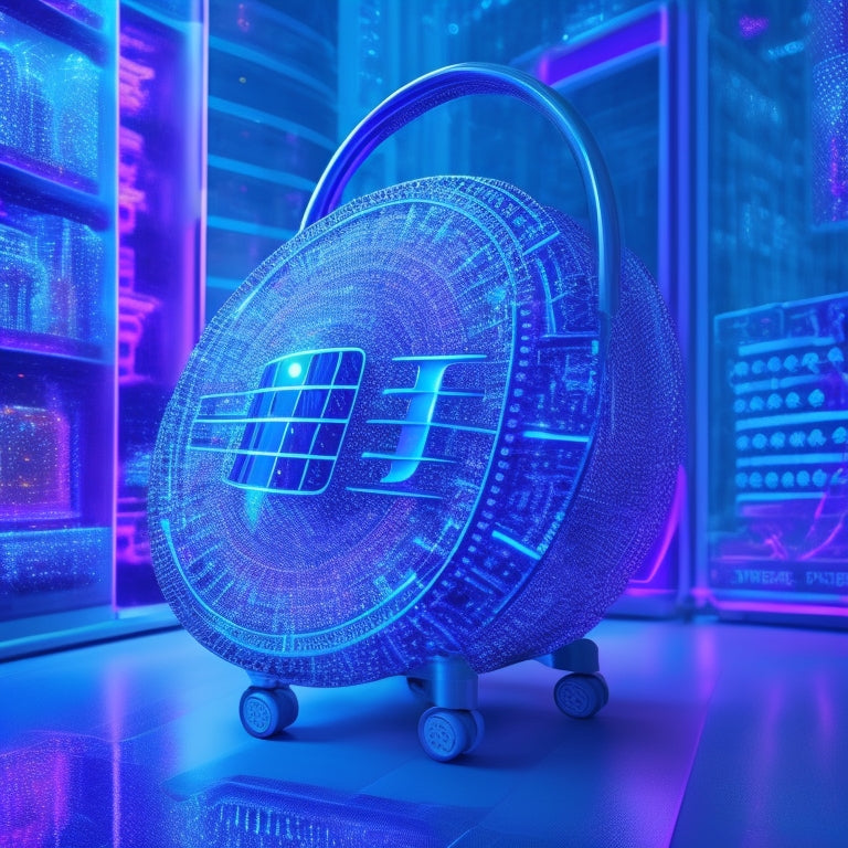 A futuristic, high-tech illustration of a shield protecting a shopping cart, surrounded by swirling patterns of binary code and miniature robots, amidst a dark blue and purple cyberpunk-inspired background.