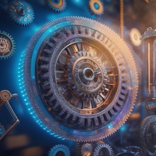 An abstract illustration featuring interconnected gears, with a central gear radiating light, surrounded by smaller gears with metrics icons (e.g., percentage signs, charts, and graphs) orbiting around it.