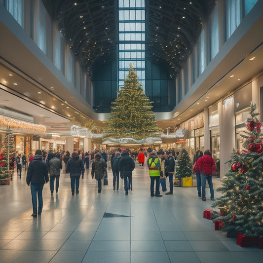 A bustling shopping mall during peak holiday season: crowded corridors, twinkling lights, and festive decorations; security cameras and guards in reflective vests monitoring the scene, with a subtle hint of caution amidst the joy.