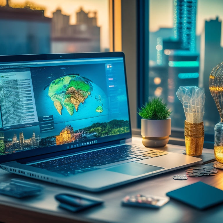 An illustration of a laptop on a sleek, modern desk, surrounded by rising graphs, coins, and small shopping bags, with a cityscape or global map blurred in the background, symbolizing online business growth.
