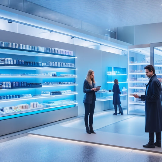 A futuristic retail store with sleek, minimalist shelves and a holographic display projecting a 3D POS system, surrounded by customers using tablets and smartphones to make seamless transactions.