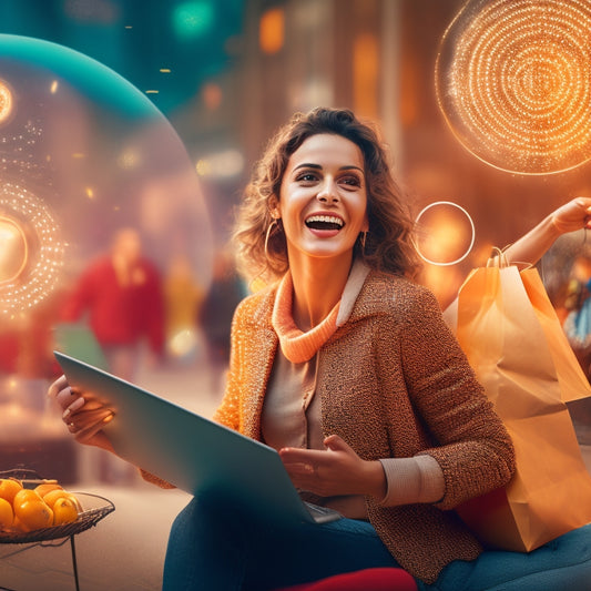 An illustration of a happy customer surrounded by glowing, interconnected circles representing various online touchpoints, with a merchant's website at the center, surrounded by subtle shopping bags and laptops.