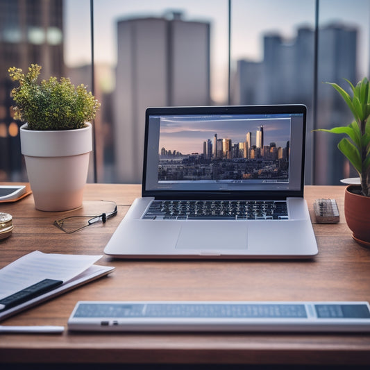 A minimalist illustration of a laptop and smartphone on a tidy desk, surrounded by organized papers and a few coins, with a subtle cityscape background and a hint of a rising graph.