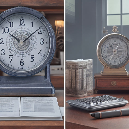 A split-screen image featuring a precise analog clock on the left, with gears and cogs visible beneath its face, and a tidy, organized desk on the right, with a calculator, papers, and a single, highlighted spreadsheet column.