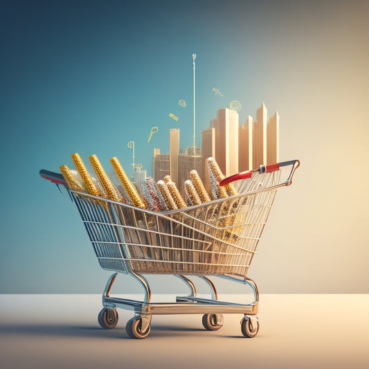 A stylized, minimalist illustration of a rising arrow made up of small shopping carts, surrounded by subtle, swirling patterns of dollar signs and upward-trending graphs.