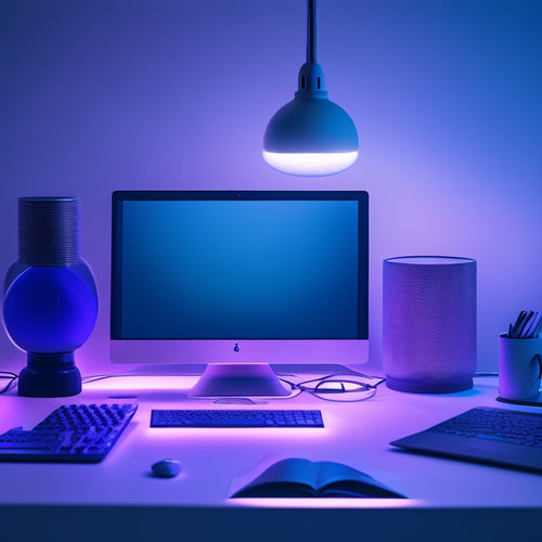 A futuristic, minimalist desk with a sleek laptop, surrounded by abstract, swirling shapes in shades of blue and purple, representing digital tools, with a subtle, glowing lightbulb above.