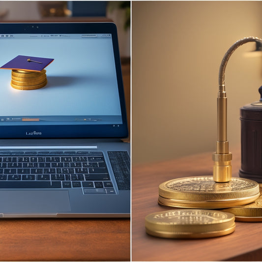 A split-screen composition featuring a laptop with a spreadsheet open on the screen on one side, and a stack of coins with a miniature graduation cap on top on the other side.