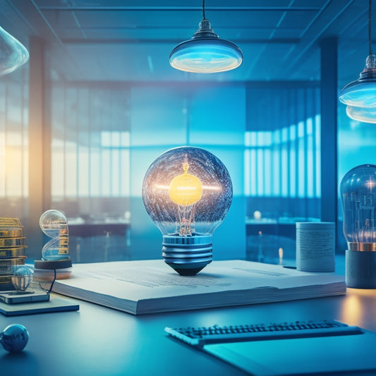An illustration of a futuristic corporate office with a large, glowing brain at its center, surrounded by orbiting gears, sparks, and lightbulbs, symbolizing innovative learning and growth.