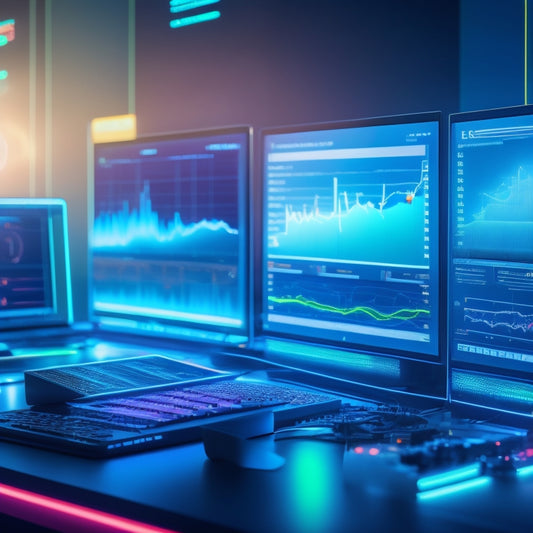 A futuristic dashboard with glowing charts and graphs displaying ecommerce sales growth, surrounded by laptops, tablets, and smartphones with online course platforms open, amidst a subtle background of circuit boards and wires.