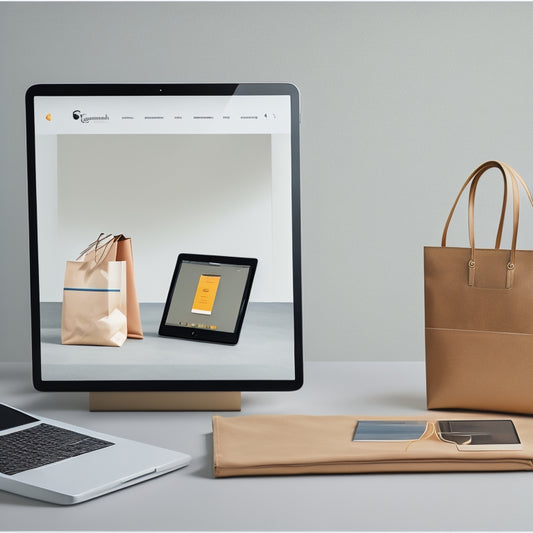A modern, minimalist illustration featuring a split-screen design with a laptop on the left displaying a sleek ecommerce website, and a tablet on the right showcasing a stylish online store, surrounded by subtle shopping bags and credit cards.