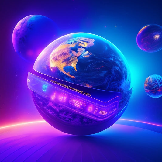 A futuristic, sleek, and modern illustration of a payment portal, featuring a large, glowing orb surrounded by orbiting digital coins, credit cards, and payment symbols, set against a dark blue and purple gradient background.