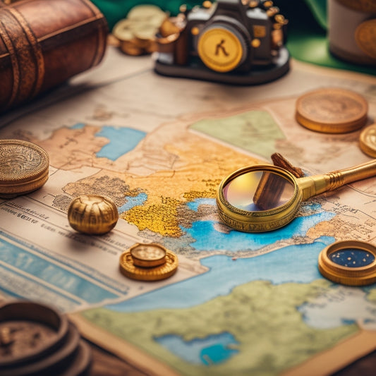 A magnifying glass hovering above a treasure map, with a faint ecommerce website layout visible in the background, surrounded by scattered puzzle pieces and a few golden coins.