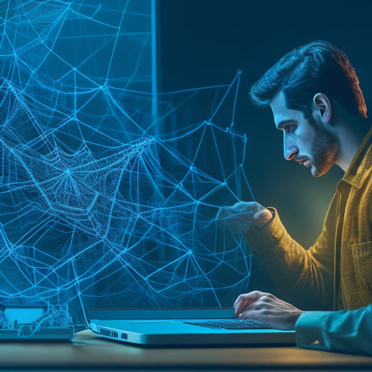 An illustration of a person standing in front of a laptop, surrounded by tangled cords and broken gears, with a faint outline of a growing graph in the background, obscured by a spider's web.