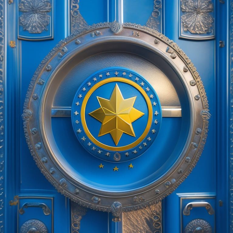 A shield with a padlock at its center, surrounded by a circle of interconnected gears, with a subtle European Union flag pattern in the background, conveying security and compliance.