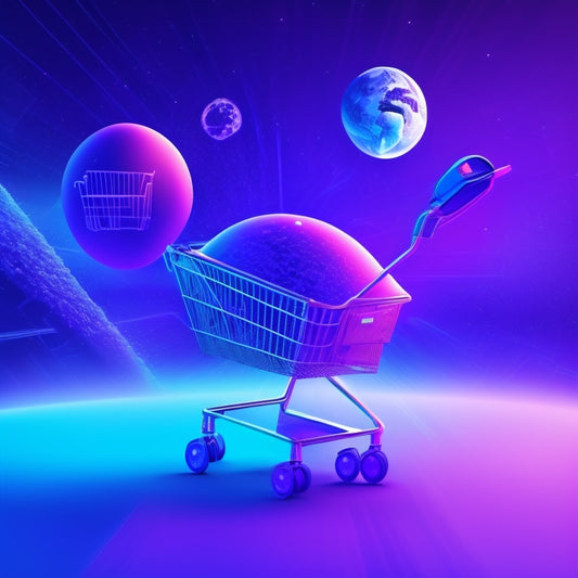 A futuristic, minimalist illustration featuring a stylized shopping cart at the center, surrounded by orbiting e-commerce icons, such as Shopify, WooCommerce, and Magento, in a gradient blue and purple color scheme.