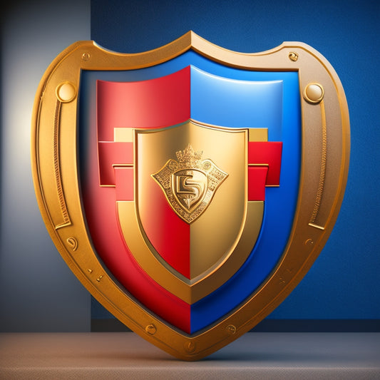 A shield icon with a stylized university crest at its center, surrounded by overlapping circles representing firewalls, with a faint image of a credit card and a laptop in the background.