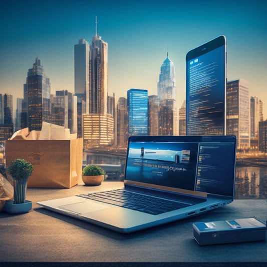 A stylized illustration of a laptop and smartphone surrounded by various ecommerce elements, such as shopping carts, bags, and credit cards, with a subtle cityscape background and a hint of success symbols like trophies and stars.