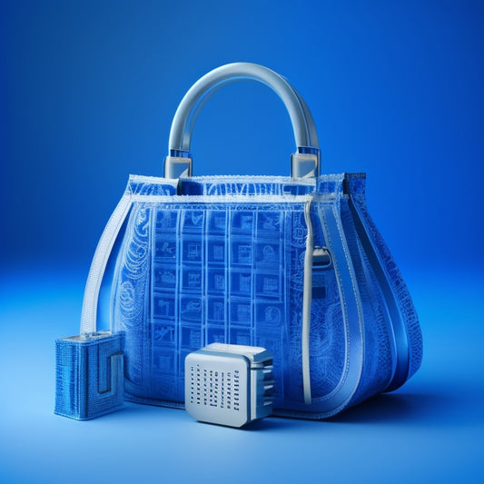 A padlock made of gears and circuits, surrounded by shopping bags and credit cards, with a subtle gradient of blue and white, evoking a sense of security and digital commerce.