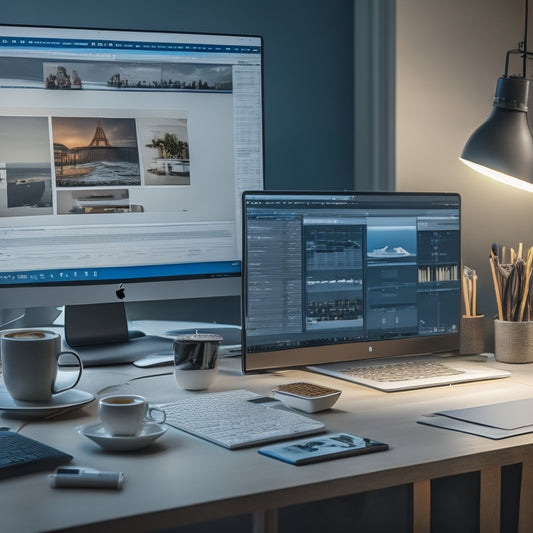 A split-screen image with a cluttered, dimly lit desk on one side, surrounded by papers and empty coffee cups, and a sleek, modern laptop on the other, with a tidy digital workspace and a growing graph.