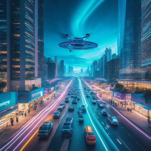 A futuristic, neon-lit cityscape with sleek skyscrapers, blurred shoppers, and delivery drones zipping by, amidst a swirling vortex of shopping bags, smartphones, and circuits.