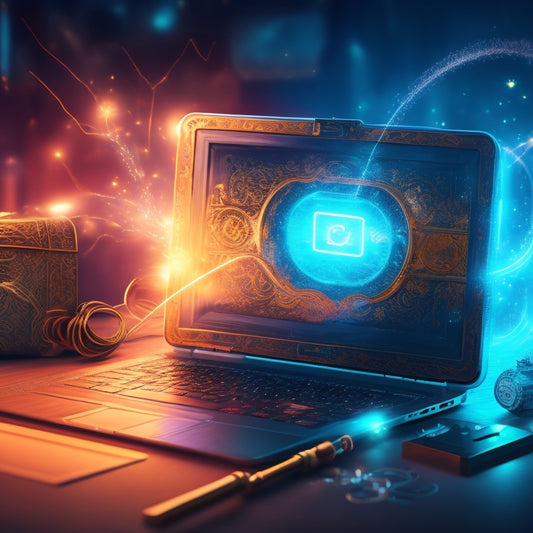 An illustration of a digital key unlocking a laptop screen, revealing a treasure chest overflowing with digital files, surrounded by subtle sparks and glowing circuitry patterns in the background.