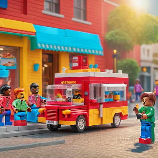 A colorful, sun-kissed street scene featuring a bright, cherry-red LEGO City ice-cream truck, surrounded by excited children of different ages and ethnicities, eagerly queuing for a treat.