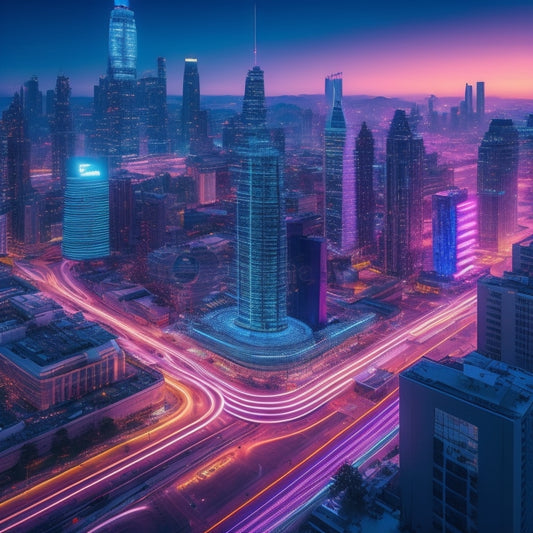A futuristic cityscape at dusk with sleek skyscrapers, neon lights, and holographic advertisements, featuring a central building with a glowing circuit board façade, surrounded by swirling lines and nodes.