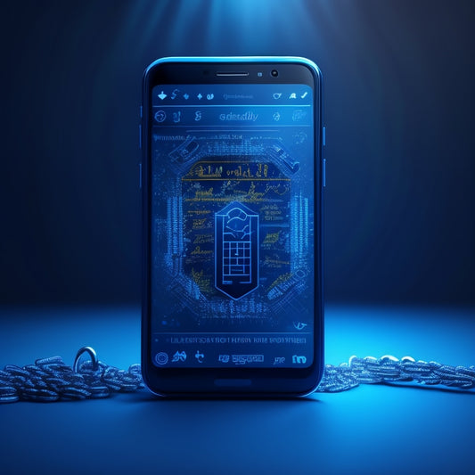 An illustration of a smartphone with a shield icon on its screen, surrounded by tiny padlocks and gears, set against a dark blue background with subtle circuit board patterns.