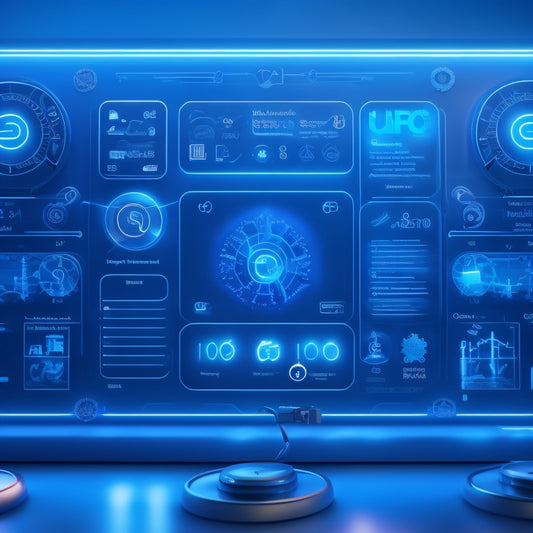 A futuristic customer service dashboard with robots and gears, surrounded by floating chat bubbles and interconnected nodes, set against a dark blue background with neon blue accents.