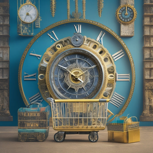 An illustration of a clock's face with gears and cogs in the background, surrounded by ecommerce elements like shopping carts, packages, and laptops, all harmoniously intertwined and balanced.