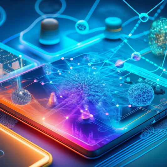 A stylized illustration of interconnected digital devices, such as smartphones, laptops, and tablets, surrounded by swirling lines and nodes, forming a cohesive, harmonious network.