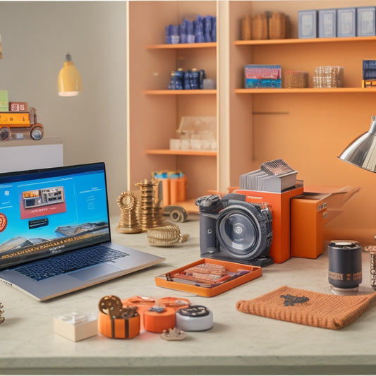 A split-screen illustration featuring a laptop with a Magento dashboard on the screen, alongside a miniature shopping store with shelves, products, and a cashier counter, surrounded by gears and cogs.