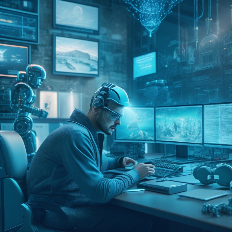 A futuristic illustration of a merchant sitting at a desk, surrounded by multiple screens and devices, with gears, robots, and puzzle pieces floating around, connecting and fixing technical issues in the background.