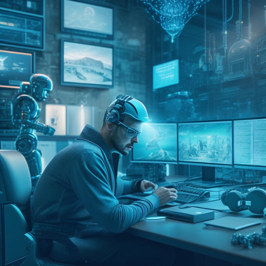 A futuristic illustration of a merchant sitting at a desk, surrounded by multiple screens and devices, with gears, robots, and puzzle pieces floating around, connecting and fixing technical issues in the background.