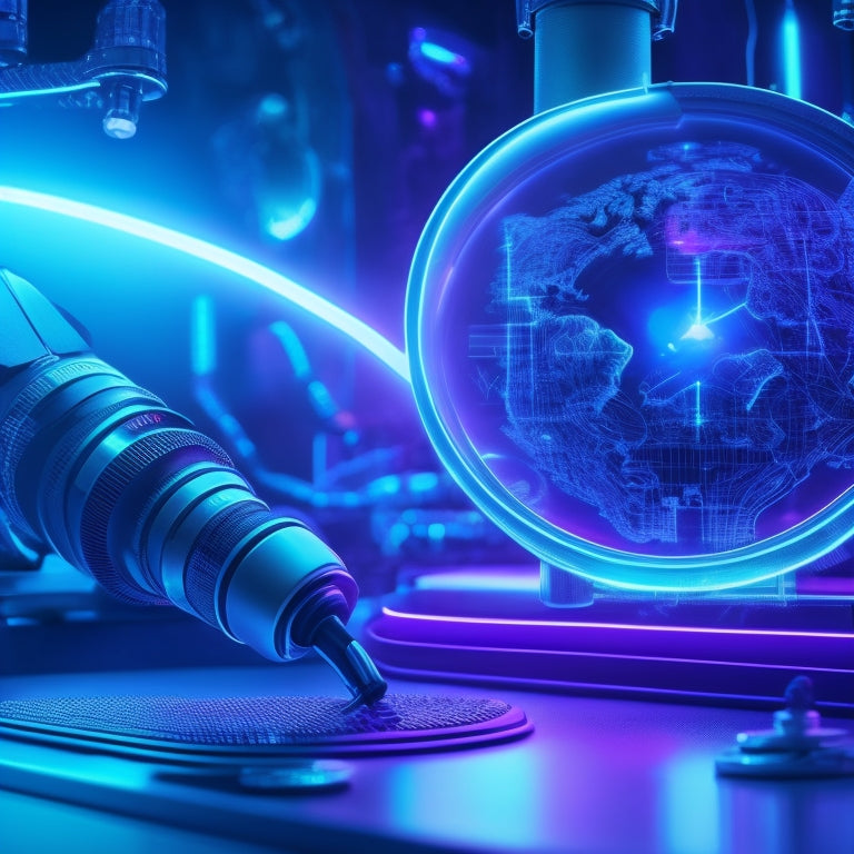 A futuristic, neon-lit ecommerce website background with a stylized robotic arm holding a magnifying glass, scanning a vast, swirling cloud of products, with glowing blue circuits and wires intertwined.