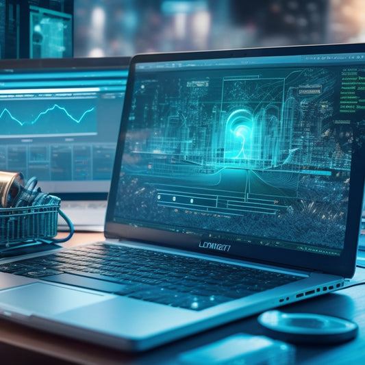 An illustration of an e-commerce website on a laptop screen surrounded by rising arrows, graphs, and charts in shades of blue and green, with a subtle background of circuit boards and wires.