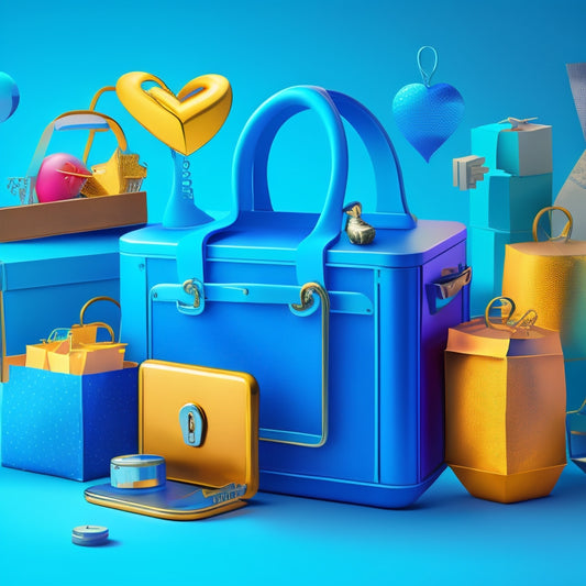 A stylized, modern illustration of a key unlocking a treasure chest overflowing with shopping bags, laptops, and various ecommerce-related icons, set against a bright, gradient blue background.