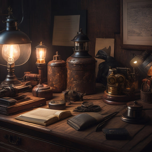 A dimly lit, rustic wooden desk cluttered with vintage military gear, open manuals, and dog-eared pages, surrounded by faintly lit globe and old-fashioned lanterns.