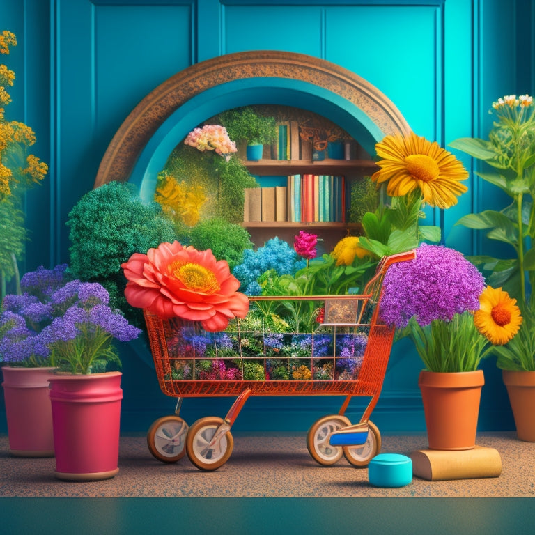 A stylized illustration of a lock opening, with a shopping cart overflowing with digital products like ebooks, courses, and software, surrounded by growing plants and blooming flowers.