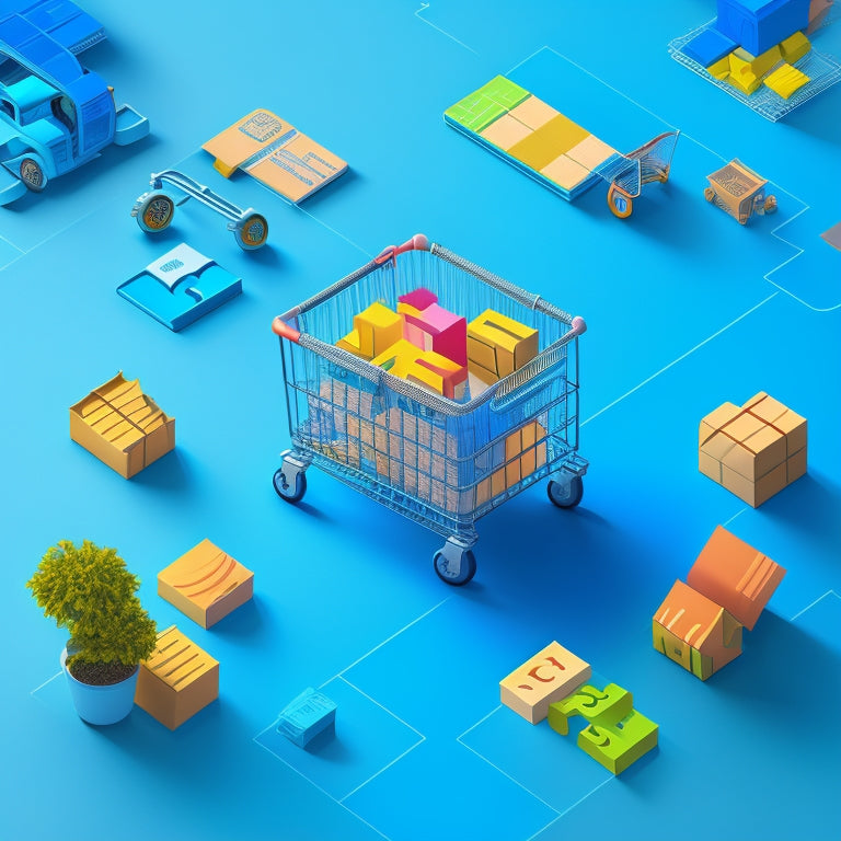 A stylized illustration of a roadmap merging with a puzzle piece, set against a bright blue background with subtle e-commerce icons, such as shopping carts and packages, scattered throughout.