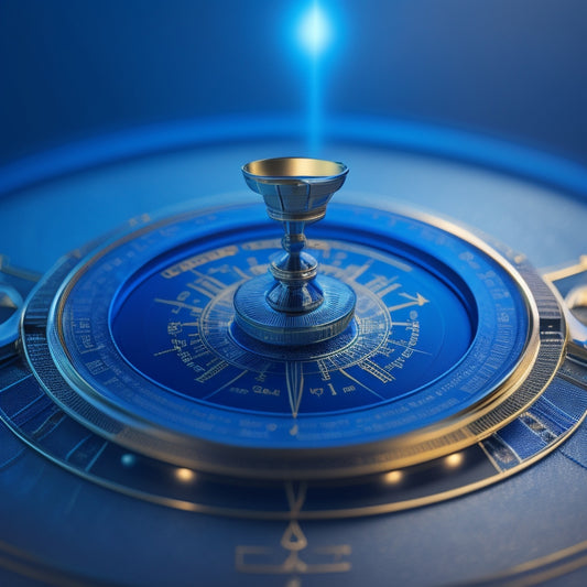 A stylized, futuristic compass with glowing blue lines and a golden arrow pointing upwards, set against a dark blue background with subtle wave patterns, surrounded by scattered ecommerce icons.