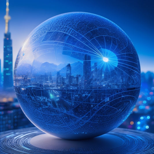 A futuristic, metallic sphere with glowing blue circuits and swirling silver lines, surrounded by fragmented puzzle pieces, with a subtle cityscape background, symbolizing innovative commerce solutions.