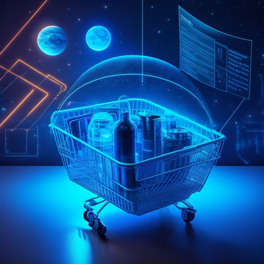 A futuristic e-commerce website blueprint with neon lines and geometric shapes, featuring a shopping cart, laptop, and various icons (e.g., star ratings, payment methods) orbiting around a central, glowing circle.