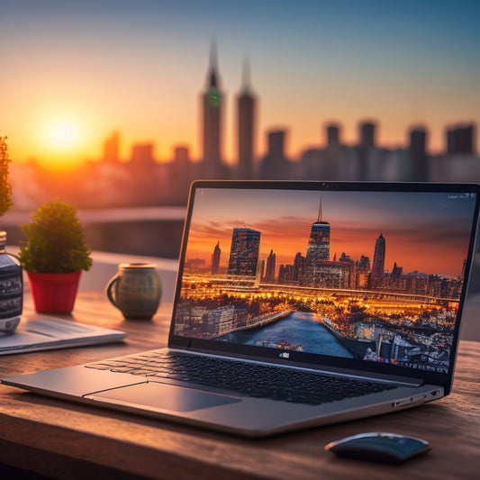 A laptop displaying a dashboard with various online course modules, surrounded by scattered certificates, trophies, and a miniature globe, set against a blurred background of a cityscape at sunrise.