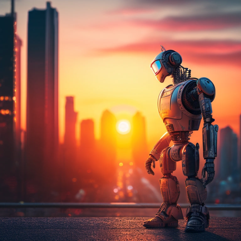 An illustration of a broken robot standing in front of a cityscape at sunset, with scattered gears, wires, and shattered screens surrounding it, and a faint dollar sign symbol in the background.