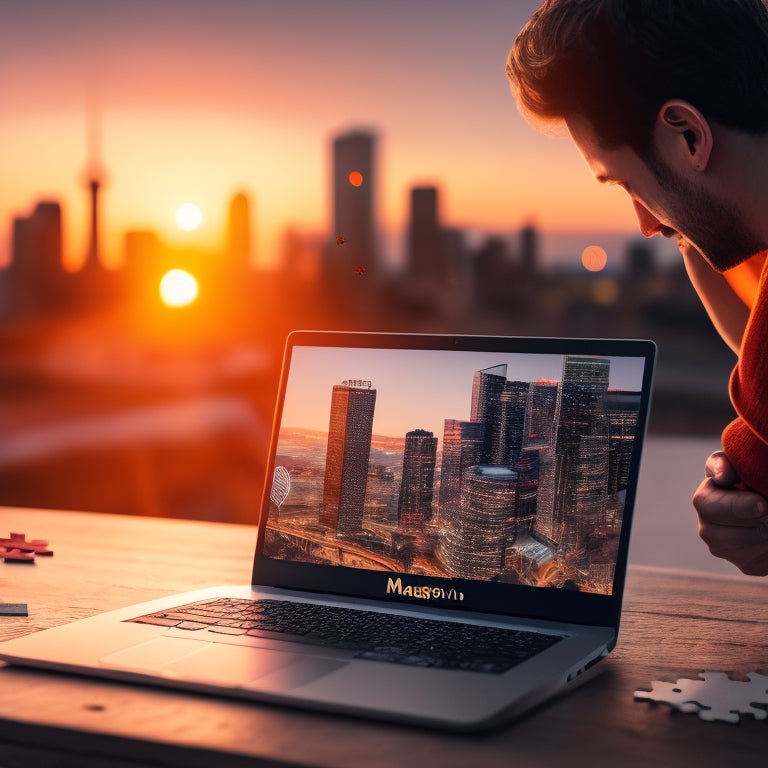 An illustration of a person effortlessly building an ecommerce website, surrounded by puzzle pieces falling into place, with a Magento logo in the background, and a subtle cityscape at dusk.